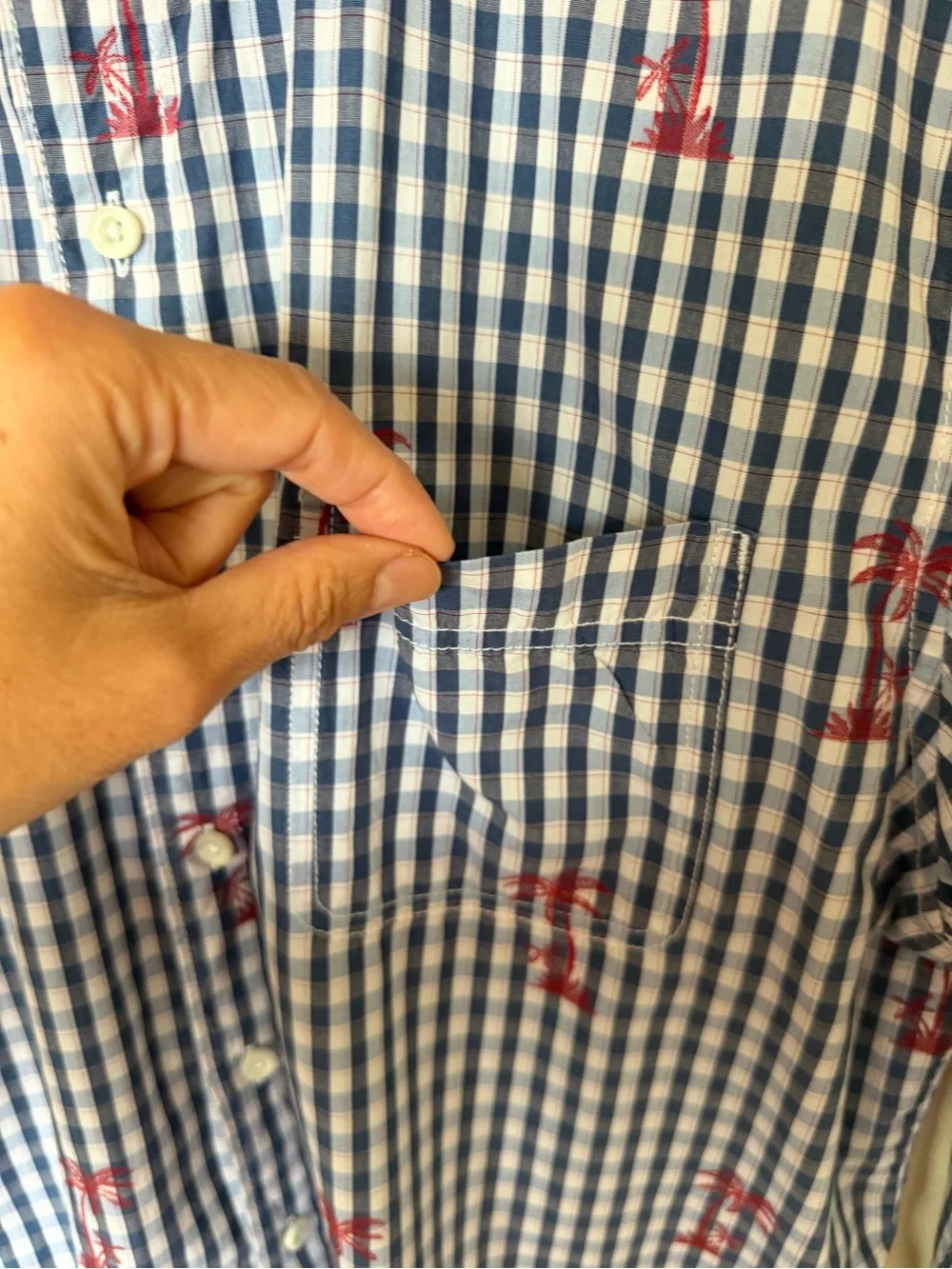 Tommy Bahama Men’s Blue and White Gingham Button-Down with Red Palm Print